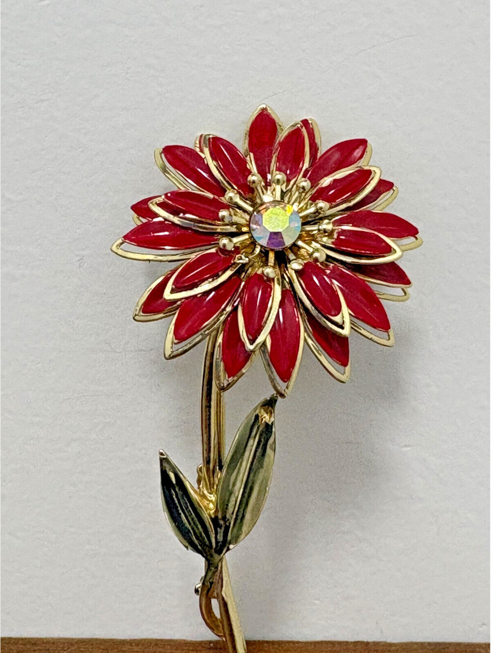 Vintage Coro Red Flower w/ AB Rhinestone Gold Tone Brooch Pin 4"